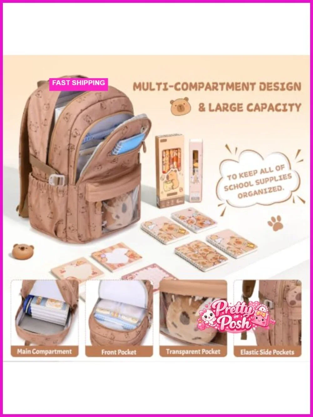 Capybara Backpack with Lunch Box Bag & Pencil Case for School Girls